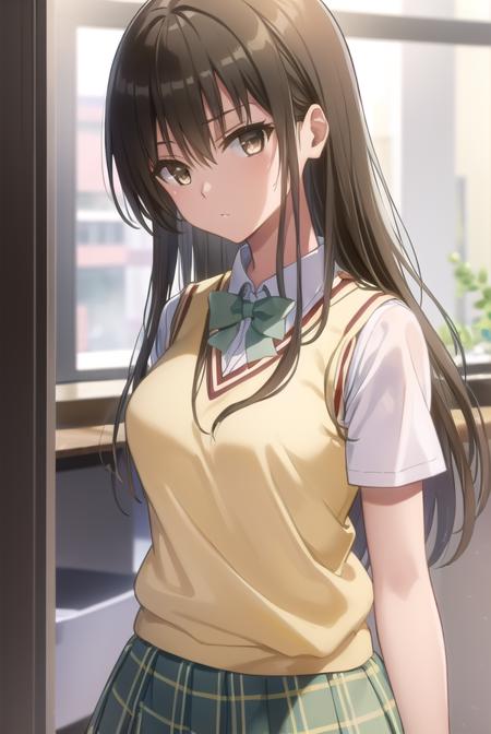 yuikotegawa, <lora:yui kotegawa darkness-lora-nochekaiser:1>,
yui kotegawa, black hair, (brown eyes:1.5), long hair,
BREAK green skirt, plaid, plaid skirt, sainan high school uniform, school uniform, skirt, sweater vest, (yellow sweater:1.3), short sleeves,
BREAK indoors, classroom,
BREAK looking at viewer, (cowboy shot:1.5),
BREAK <lyco:GoodHands-beta2:1>, (masterpiece:1.2), best quality, high resolution, unity 8k wallpaper, (illustration:0.8), (beautiful detailed eyes:1.6), extremely detailed face, perfect lighting, extremely detailed CG, (perfect hands, perfect anatomy),