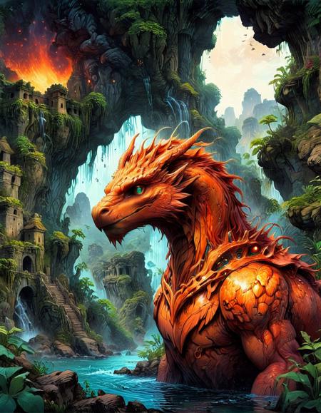 (masterpiece, best quality, ultra-detailed), Pastel Painting, volcanic fortress, ambient, supernatural, griffin, in an aquarium, ink art, line art, Faetastic, perfect composition, intricate detail