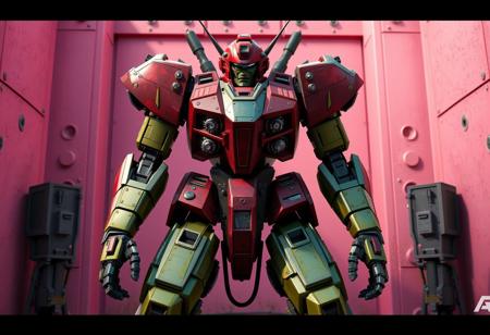 Create a cinematic, symmetrical, and anatomically correct digital illustration of a Chronomaly Technology robot on a Curse of Fiend, Zaku, with a gradient maroon bullpup design, set in a post-apocalyptic science fantasy world with steampunk elements. The robot should be posed in front of pink walls, with a mix of green and metallic colors in its armor. The artwork should be created in a style similar to those trending on ArtStation and DeviantArt, using Unreal Engine 5 and Octane Render.