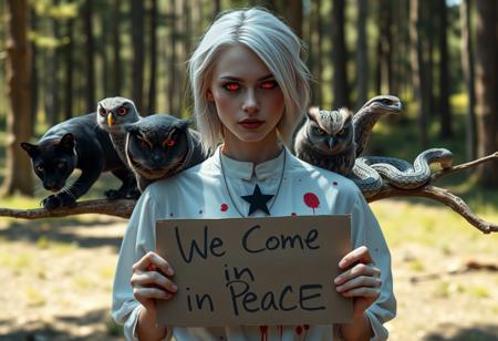 In a sunlit forest clearing, a young woman in her early twenties stands eerily still. Her silver-white hair and pale, almost translucent skin are stark against her white blouse, which is stained with dark red splatters. A simple black five-pointed star on her chest adds an unsettling graphic element. Despite the bright day, her eyes glow with a faint but disturbing crimson light, cutting through the sunlight with an eerie intensity.
Encircling her are twelve wild animals in a surreal formation. A sleek black panther, its fur catching the sunlight in a glistening manner, crouches nearby, its eyes reflecting an unnerving red. Two owls, perched on sunlit branches, blink their glowing crimson eyes slowly, surveying the scene with an unsettling calm. A large snake, with iridescent blue-black scales, coils around a sunlit branch, its gaze menacing.
The focal point of the scene is the cardboard sign the young woman holds. It reads, ‘We Come in Peace,’ scrawled in crude, black marker. The sign, though worn and out of place, stands out starkly against the surreal, eerie backdrop. The forest floor is dappled with sunlight, but the shifting shadows and the stark contrast between the bright day and the unsettling presence of the girl and her animal entourage enhance the scene’s eerie, unsettling quality.