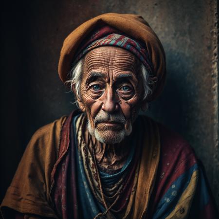 An old beggar, colorful,
yang08k, photography, beautiful,  black background,
masterpieces, top quality, best quality, official art, beautiful and aesthetic,  realistic,
 <lora:yang08k:0.7>