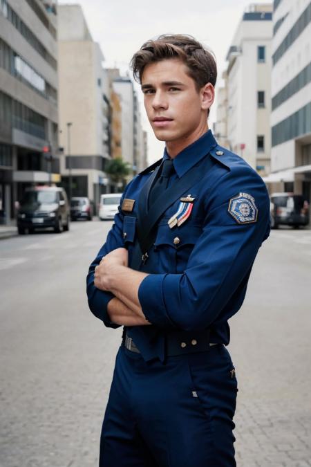 realistic, sfw, an attractive 18 years old fit caucasian boy standing, smug, full body shot, police uniform, <lora:gioboyparis_lora:0.7>, gioboyparis,