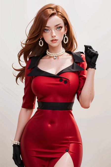 v1ntag3dr3ss, black gloves, red dress, pearl necklace,