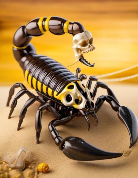 (Realistic:1.5) EdobScorpion, still life, brown hair, arthropod girl, skull, smile, fish, sand, yellow background, web address, day, machinery,  <lora:EdobScorpionArtistic_XL_v1.0:0.8>