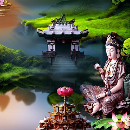 (crystal ball on a Guanyin sits on a lotus pedestal with Chinese temple :1.5), Chinese temples scattered among the beautiful and peaceful forest in the distance,   waterfall cascading into a lake or stream in the background, mountains and briliant small lake in the background, Lotus in the foreground, Clear and distinct fingers, clear and distinct toes, clear and distinct facial features,jewelry, leaf, lily flower, lily_pad, necklace, plant, solo, trail, cherry blossom,  the sun's rays, sparkly ripples, wind ripples, hyper hight detailed, real photo, intricate details, perfect composition, beautiful detailed intricate, 8 k photography, photorealistic, masterpiece, Photo-realistic, Image enhancement,Image post-processing,Image retouching