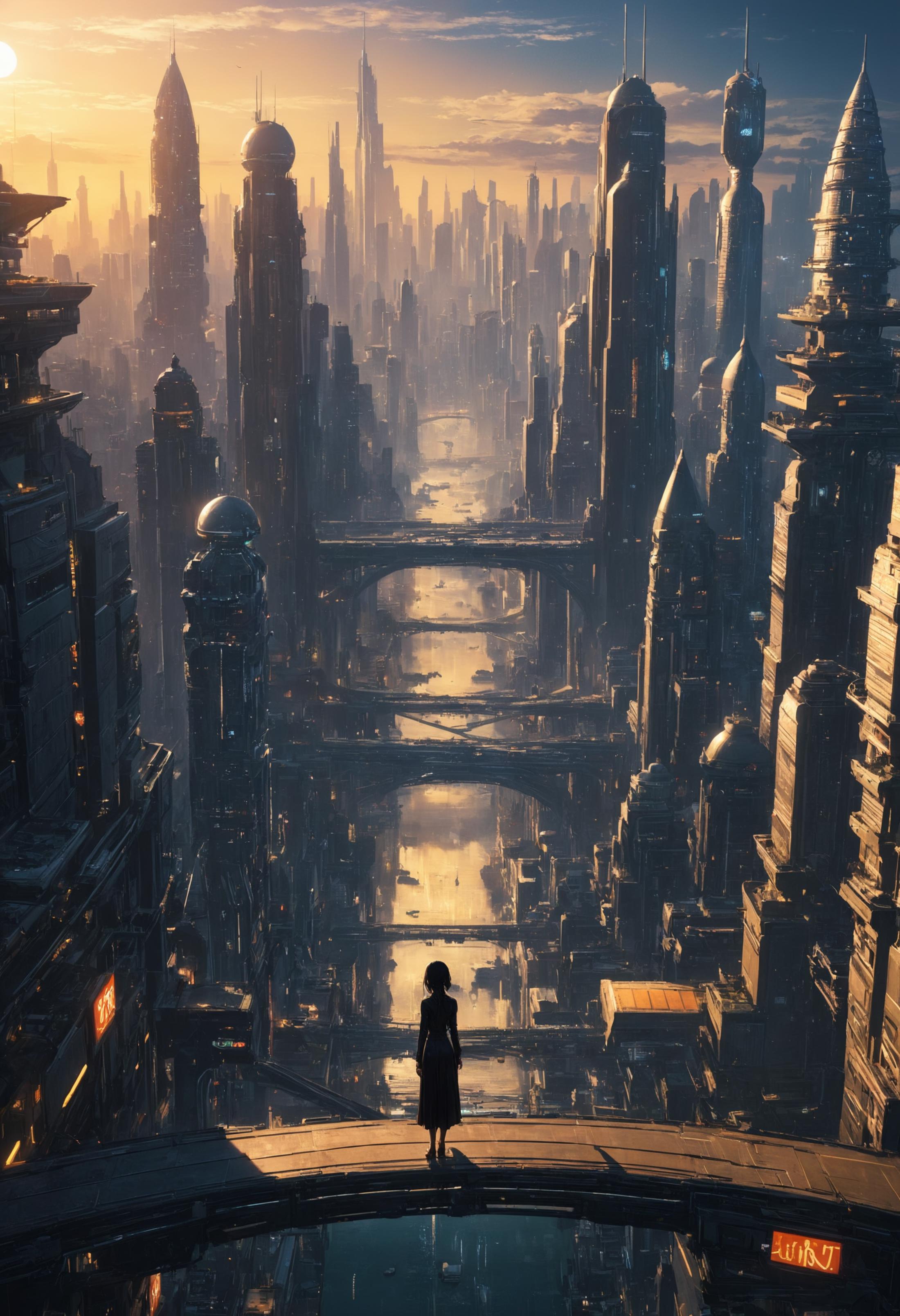 A woman standing in a futuristic city skyline at sunset.
