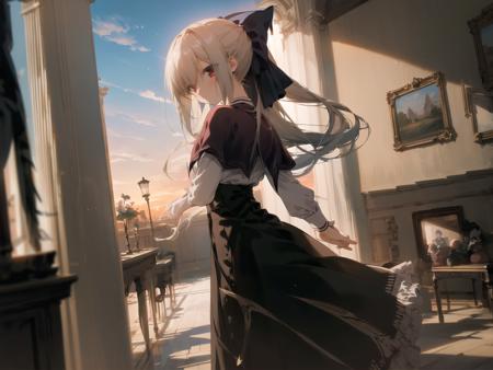 (masterpiece, best quality,highres,extremely detailed),from side, sioneden,1girl, solo, hair bow,bowtie, red capelet,long dress,expressionless,standing,looking back,indoors,Traditional European style architecture,sunset,