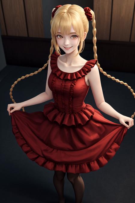 masterpiece, best quality, highres, 1girl karino shuka blonde hair twin braids, red scrunchie collarbone red dress sleeveless frilled dress pantyhose <lora:karino_shuka:1> standing, from above, skirt lift, smile