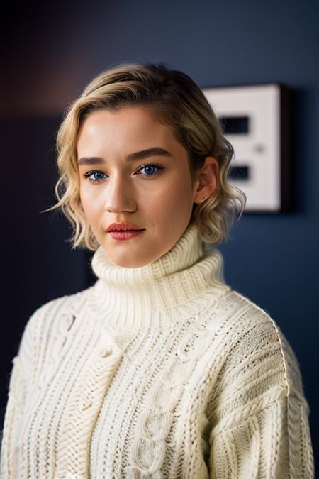 <lora:jul14g4rn3r:1>, Realistic photo of a beautiful jul14g4rn3r woman,  1girl, solo, looking at viewer, short hair, blue eyes, blonde hair, upper body, parted lips, teeth, sweater, lips, turtleneck, turtleneck sweater, realistic, red lips, white sweater, cable knit, aran sweater, soft lighting, professional Photography, Photorealistic, detailed, RAW, analog, sharp focus, 8k, HD, DSLR, high quality, Fujifilm XT3, film grain, award winning, masterpiece