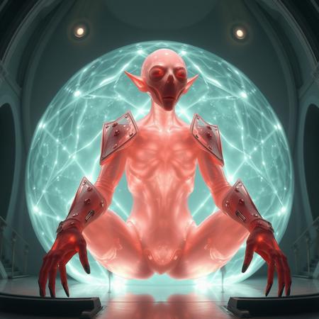 Masterpiece 4 protozoa/humanoid, bioluminescence translucent  body, with no ears and no nose, 32k, 16k, 8k, masterpiece, cinematic art, Kaiju bioluminescence translucent armor, sitting in a bioluminescence translucent bubble shape cathedral,