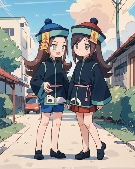 yanyan, blue hat, chinese clothes, shorts, ofuda anan, hairclip, red hat, chinese clothes, skirt, ofuda