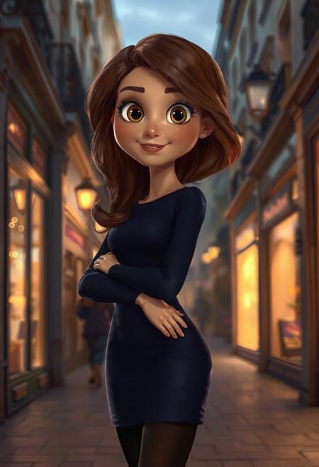 A 4K ultra-detailed digital illustration of Geneviève Marie Dubois, rendered in a Pixar/DreamWorks-inspired style with photorealistic textures and expressive animation detailing. She is a poised and elegant woman in her early 30s, with luminous fair skin, soft waves of chestnut brown hair falling around her shoulders, and large, intelligent hazel eyes full of warmth and curiosity. Her facial features are delicately stylized—charming and expressive—yet grounded in realism, with lifelike skin texture, subtle blush tones, and detailed lighting effects that create soft shadows and natural highlights. Geneviève wears a stylish contemporary outfit: a fitted navy blue dress, paired with black tights and ankle boots. The fabric textures are incredibly lifelike—each thread, fold, and reflection rendered with Pixar-level precision. Her pose is relaxed, standing slightly turned, with a confident, gentle smile. The background features a softly lit Parisian street at dusk, with warm golden lights glowing from shop windows and faint atmospheric haze adding cinematic depth. The overall mood is enchanting, sophisticated, and slightly whimsical, blending animated charm with photorealistic richness.