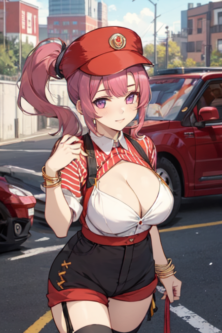 WendyCrush, pink hair, side ponytail, red headwear, shirt, cleavage, large breasts, uniform, short shorts, bracelet, thighhighs 