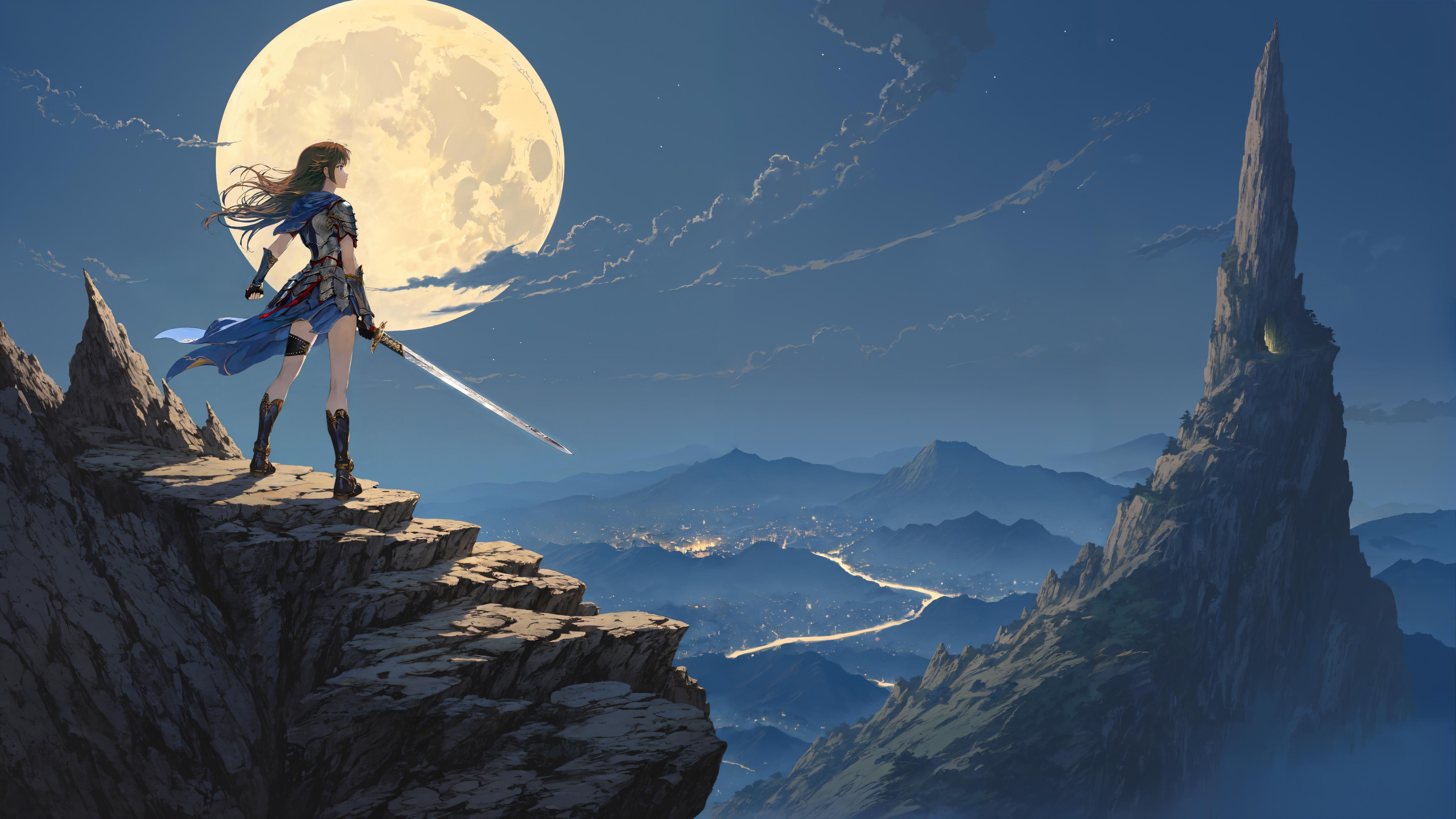 A woman standing on a rocky mountain top holding a sword, with the moon in the background.