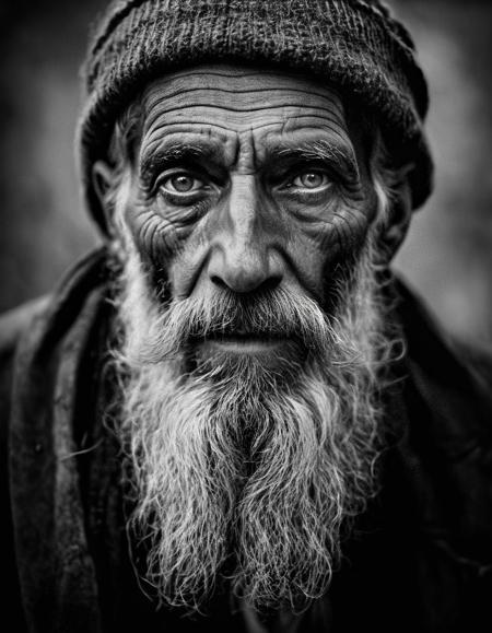 a upper body black and white portrait of a man with a long beard, by Lee Jeffries, cd cover artwork, street life, picture of a male cleric, beautiful picture of stray, mid - 30s aged, each faces precisely defined, low contrast, (flim grain:1.6)