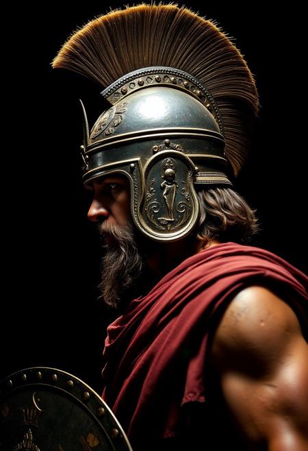side view of an ancient Greek soldier, hyper realistic, studio photography, dramatic lights, dynamic shadows, black background, chiaroscuro, high contrast lights