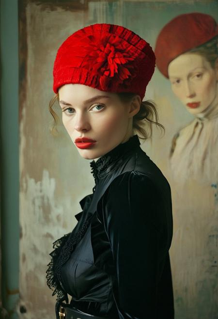High fashion model photo, , irish woman, high detalied natural skin, (strange hair1.2), (like Orla Fitzgerald1.2), cute, suggestive, joyful expression, elegant, intense gaze, stylish, Fauvism Art of elegant clothes,  gothic, style of David Alfaro Siqueiros, artwork by Klee and Kandiskhy, (red hat1.2), photo by (Paolo Roversi1.2),frontal view, studio lighting,  in the style reminiscent of Vermeer's lighting techniques, , Bauhaus style background, low angle shoot, sharply focused, trending of artstation