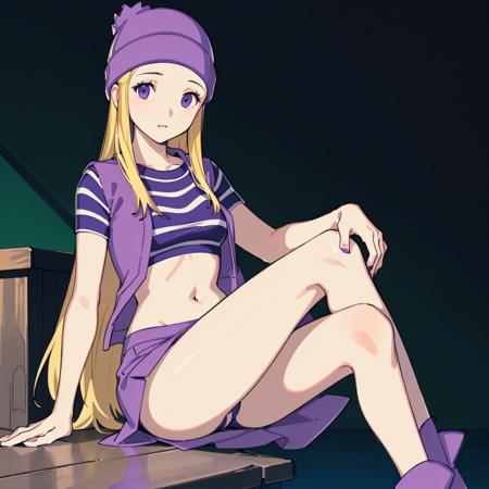 ((mature female, masterpiece, mistress, goddess, realistic)),ultra-detailed, ultra high res, high quality, 4K, solo, 1girl,extreamly delicate and beautiful,illustration,masterpiece,(illustration),digimon,fullbody,sitting,crossed legs,blonde hair,purple striped shirt,purple skirt,purple hat,navel