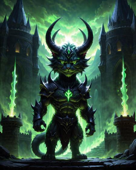 cinewow demon cat,((masterpiece)),(best quality),awardwinning,trending on artstation <lora:cinewow:0.8>,castle in the background,cinematic,green glowing effects,horns