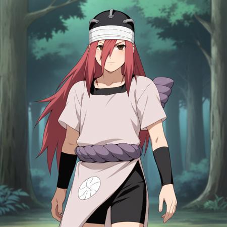 1girl, solo, tayuya, red hair, long hair, brown eyes, tunic black arm warmers, black shorts, sandals, bandages,