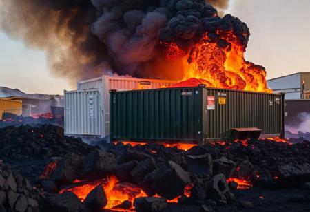 A Landscape Of of a bulding on Fire And with Brimstone, Cooling Lava, And A full dumpster engulfed within