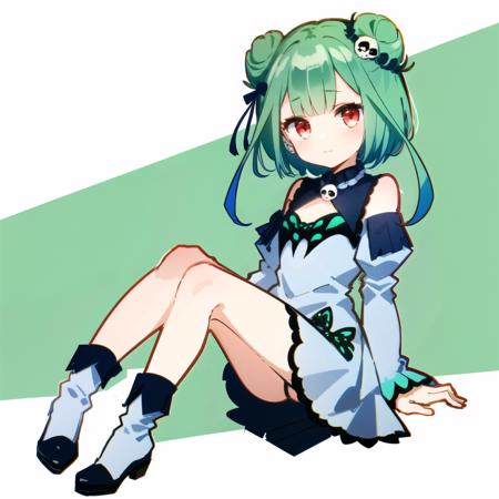 <lora:testbluerushia:1>,  bluerushia, green hair, double bun, red eyes, short hair, blue bow, skull hair ornament, full body,