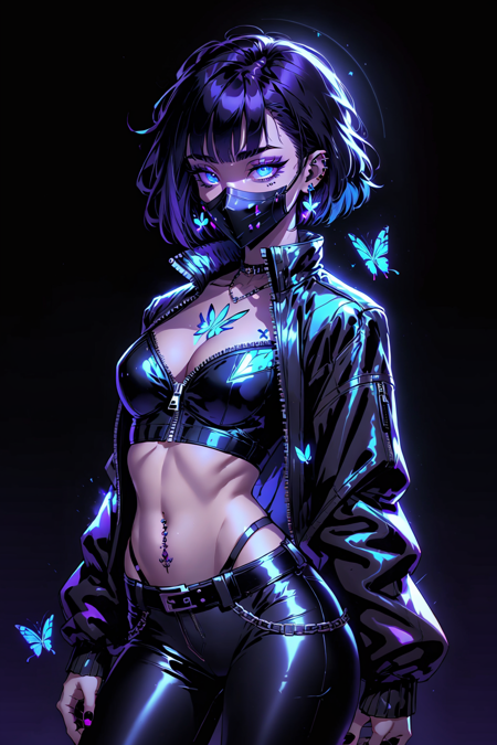 blacklightdskStyle, UV Lighting, blacklight theme, 1girl, solo, looking at viewer, short hair, bangs, blue eyes, black hair, long sleeves, navel, cleavage, jewelry, medium breasts, standing, purple hair, multicolored hair, cowboy shot, earrings, midriff, belt, pants, stomach, nail polish, crop top, groin, fingernails, sleeves past wrists, eyelashes, tattoo, mask, glowing, black pants, piercing, bug, black background, butterfly, black nails, zipper, arm behind back, arm at side, cropped jacket, mouth mask, covered mouth, shrug , (clothing), navel piercing, blue butterfly, black mask, masterpiece, official art, absurdres, 32k UHD, 4 point perspective, vantage point, <lora:blacklightstyle:0.8>