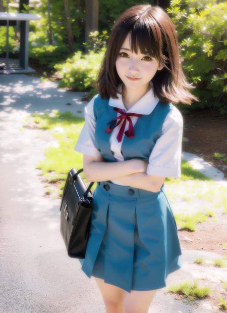 8k, best quality, realistic, (photorealistic:1.4),(photography:1.4),depth of field, cute face,cinematic proof,(extremely detailed CG unity 8k wallpaper:1.1),
1girl,solo,fullbody,(eva school uniform:1.1),ribbon,
<lora:eva_school_uniform:0.9>,