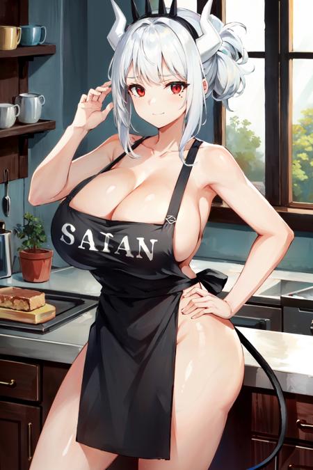 lucifer(helltaker), black apron, mole under eye, naked apron, demon horns, demon girl, red eyes, hand on hip, 1girl, white hair, tail, mole, apron, solo, cleavage, white horns, horns, huge breasts, demon tail, thighs, black tail<lora:lucifer:0.8>