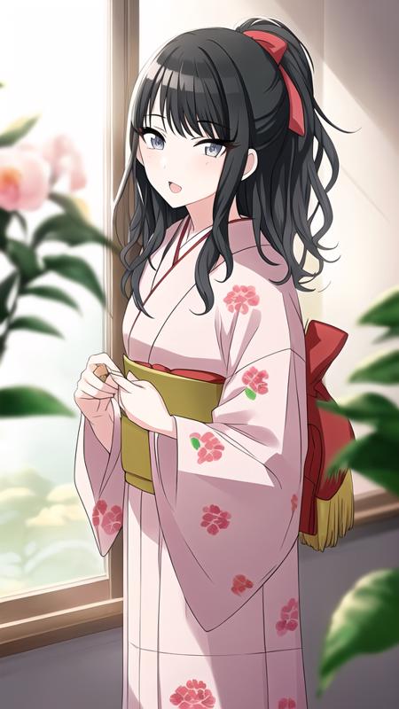 Kazano Hiori,

1girl, backlighting, black hair, blurry, blurry foreground, blush, book, camellia, floral print, flower, hair ribbon, hakama, japanese clothes, kimono, letter, long hair, looking at viewer, mole, mole under mouth, open mouth, ponytail, print kimono, red ribbon, ribbon, smile, solo, standing, vase, window

<lora:shinymas-v2.1:1>