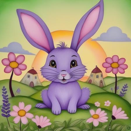 A pencil-colored drawing with black ink outline in a naive style. Picture a curious rabbit with floppy ears poking out of its burrow. The grass around is lush and green, with patches of daisies and buttercups. The setting sun paints the sky in hues of lavender and pink, casting a dreamy glow over the meadow.