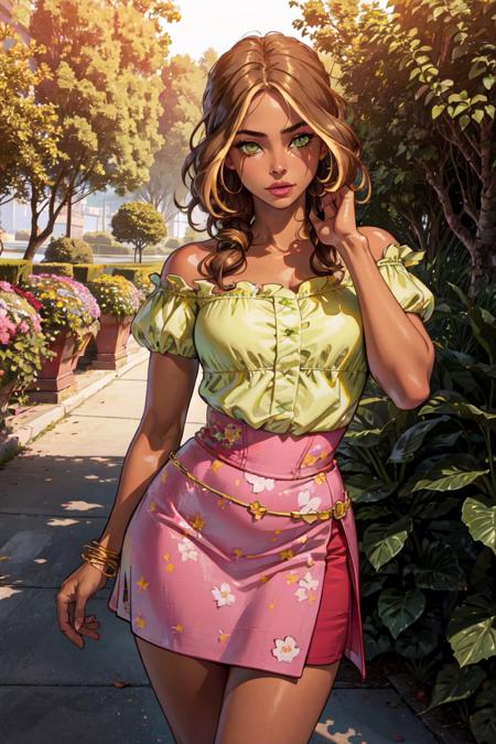 (Flora) (dark skin, brown hair, blonde hair strips, green eyes) (Casual Outfit), (green off-shoulder shirt, pink skirt, pink sandals) (FairyOutfit), (pink dress, pink gloves, sparkling outfit, flower necklace, green fairy wings)