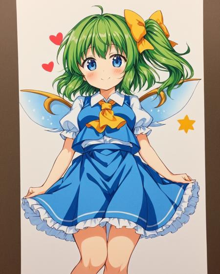 daiyousei,1girl, shikishi, solo, smile, side_ponytail, fairy_wings, traditional_media, ascot, marker_\(medium\), heart, hair_bow, vest, looking_at_viewer, shirt, blue_skirt, puffy_short_sleeves, blush
<lora:daiyousei_image3166_2023-12-11-000010:1>,star-shaped_pupils,symbol-shaped_pupils,. gorgeous,key visual, vibrant, studio anime,award-winning, professional, highly detailed,high budget, cinemascope