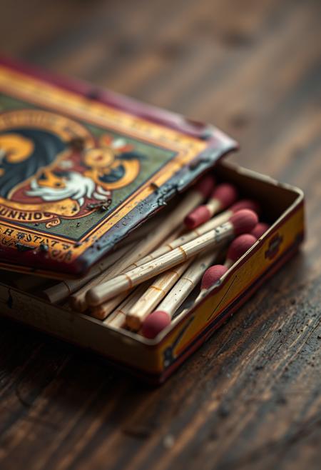 ultra high resolution, photo in a style of molecular, close up to a matchbox you can see matches inside the matchbox and matchbox itself is very detailed slightly dirty and burn, masterpiece phtography