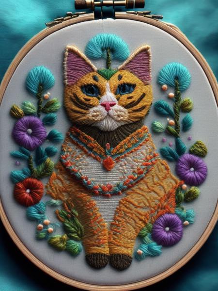 <lora:NEEDLEPOINT:1>NEEDLEPOINT style embroidered cat in a komono