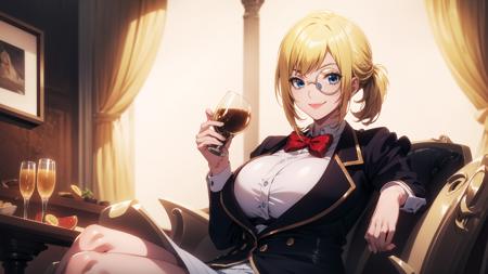 1girl, solo, blue eyes, shirt, monocle, large breasts, blonde hair,bowtie, <lora:LisaKuraki:0.6>, smile, looking at viewer, weapon, drinking cup, sitting, <lora:AOVStyle:0.5>, <lora:GoodHands-vanilla:1>