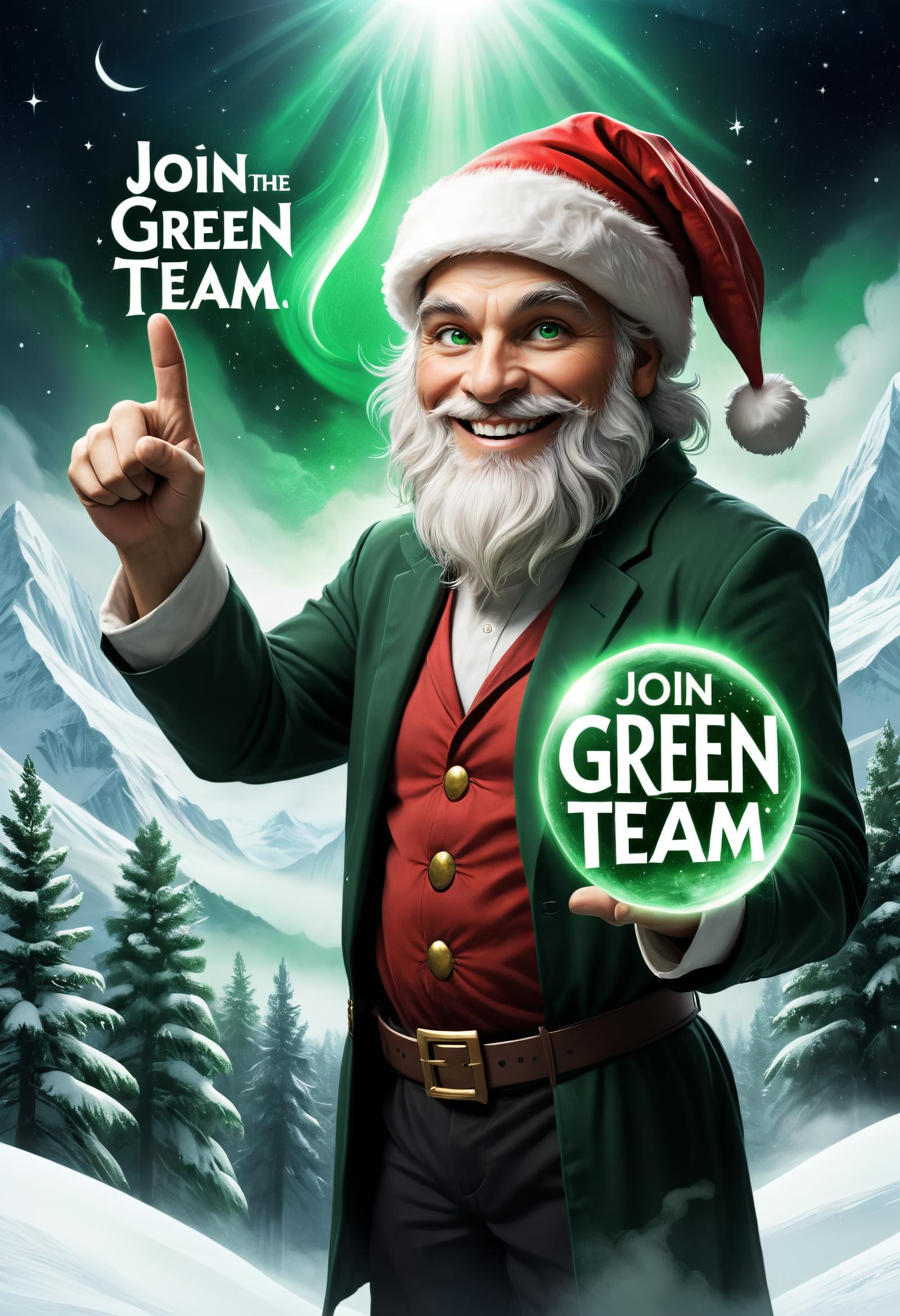 A cartoon Santa Claus in a green suit pointing to a green ball that says "Join Green Team".