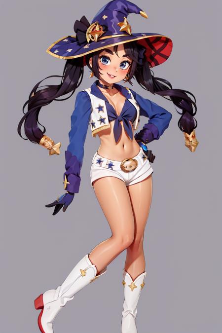 <lora:Puppypaww_Style:0.8>, <lora:Dallas_Cowboys_Cheerleaders_Anime:0.6>, Dallas_Cowboys_Cheerleaders, 1girl, solo, shorts, midriff, short shorts, navel, white shorts, tied shirt, front-tie top, crop top, boots, belt, cheerleader, vest, earrings, jewelry, gloves, white footwear,((masterpiece,best quality)), absurdres, <lora:mona_v1:0.7>, aamona, long hair, twintails, hair ornament, black ribbon, earrings, witch hat, purple headwear, choker, cowboy shot,  smile,