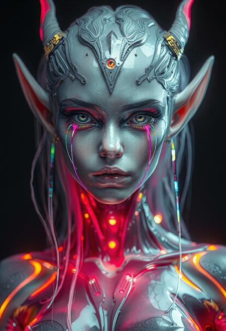 cyberpunk elf woman, rainbow colored tear streams running from eyes, liquid cyberpunk body suit, lots of blues and pinks, metallic eyes, simple dark background, hr giger, glowing cybernetic parts, facing camera, full body