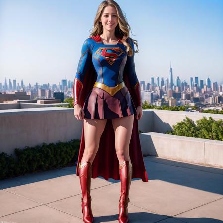 (1girl), (masterpiece:1.0),(extremely detailed 8k), (wide long shot photo), (full body:1.3), realistic, one beautiful girl standing on a tall building overlooking the city, dressed as ((supergirl-outfit)), looking at viewer, (photorealistic:1.1), (best quality:1.4), (ultra highres:1.2), 8k resolution, Canon EOS R5, 50mm, absurdres, ultra detailed, detailed beautiful face, detailed skin texture, pale skin, smiling, trending on art station, melissabenoist2, superg1rl-outfit-t2