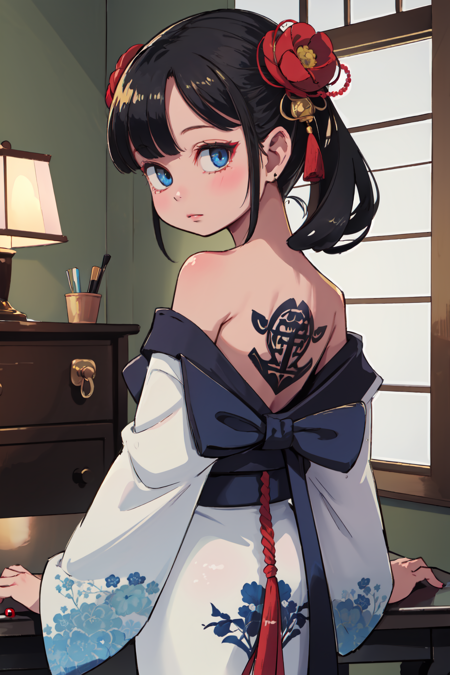 (masterpiece, top quality, best quality, official art, beautiful and aesthetic:1.2),1girl, tattoo, solo, japanese clothes, hair ornament, unsheathing, black hair, sheath, back tattoo, blue eyes, off shoulder, bare shoulders, looking back, from behind, flower, looking at viewer, holding, makeup,
indoor