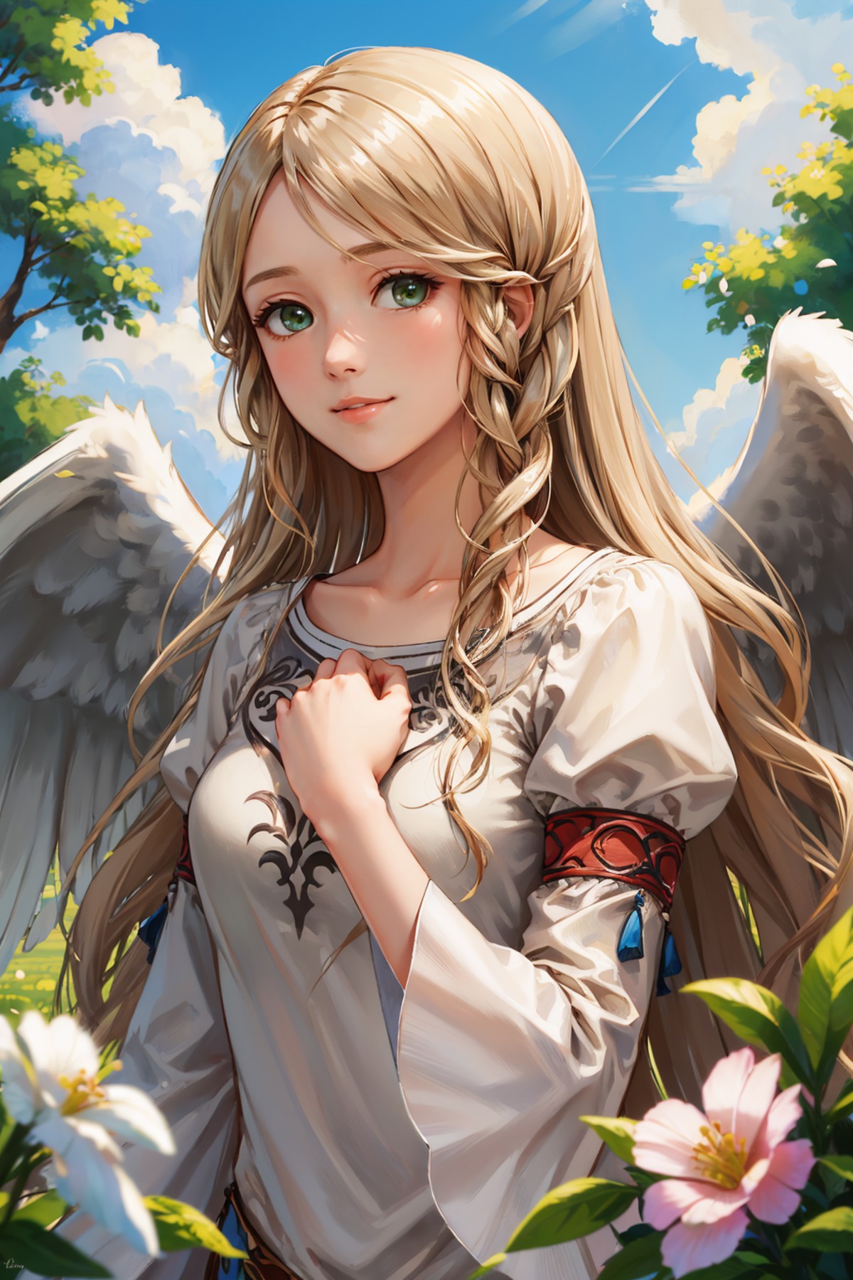 masterpiece, best quality, leanne, wings, long white dress, upper body, smile, tired, looking at viewer, spring, clouds, t...