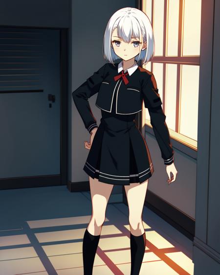 masterpiece, high quality, mgrcnagitan, 1girl, solo, white hair, (dynamic pose), grey eyes, black uniform, black shirt with white edgings, long sleeves, black skirt, red bowtie, black socks, indoors, <lora:mgrcnagitan-000006:0.8>