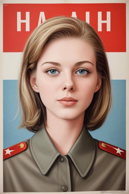 Soviet propaganda, 1980s, high quality drawing, stylized, cold war, propaganda artwork, war poster, victory poster, triumphant, USSR, soviet union, communism, cyrillic text, jilli@n_$pektre, youthful, cute face, beautiful eyes, beautiful, strong, looking to future, sunrise, best quality, best aesthetic
