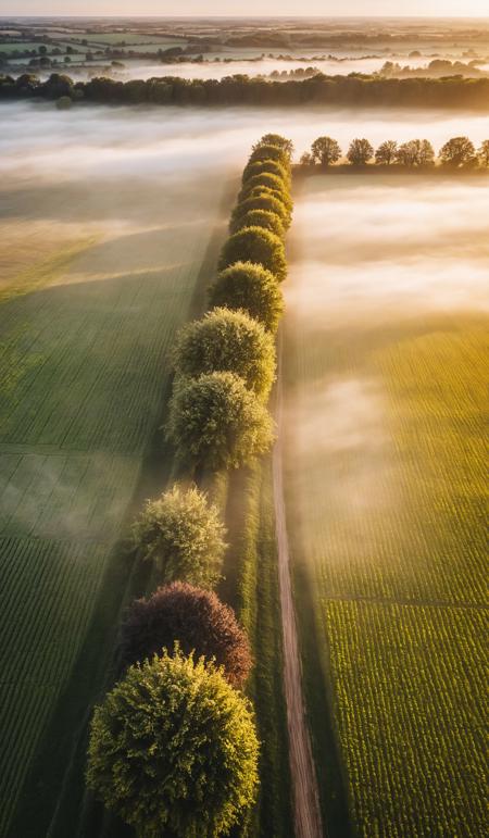 Piencourt, Normandy, France. Aerial view of fields and trees under with fog in rural France at dawn, copy space, design template, breathtaking photograph, dramatic light, award-winning, professional, highly detailed . 35mm photograph, film, bokeh, professional, 4k ,minimalistic, daylight, warm atmosphere, <lora:add-detail-xl:1>, cinematic look, <lora:SDXLHighDetail:0.3>