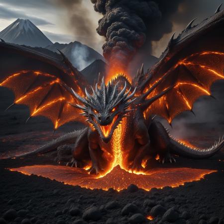 A colossal dragon composed of molten lava and jagged obsidian, erupting from the heart of an active volcano. Its massive wings, forged from streams of flowing magma and volcanic rock, spread wide, casting an intense, fiery glow across the darkened sky. Rivers of molten lava course through its armored scales, pulsing like veins of liquid fire. The dragon’s eyes burn like twin suns, radiating raw energy, while plumes of smoke and ash swirl around its form. The surrounding volcano spews fire and molten rock into the air, illuminating the night with apocalyptic fury. The scene is hyper-detailed, cinematic, and rendered in ultra-high resolution (8K), with dramatic lighting, dynamic composition, and a sense of overwhelming power. Embers and sparks dance through the air as the dragon lets out a deafening roar, echoing through the volcanic landscape.

