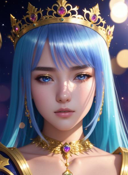 Manga, masterpiece, best quality, 1girl, half body, sad princess, fantasy, ((painting by wlop)) from artstation, glitter jewelry, glare, Iridescent, Global illumination, real hair movement, realistic light, realistic shadow, sideways glance, ((foreshortening)), soft light, dream light, perfect eyes, background 4k, romantic, high detail, crowns, gold and gems