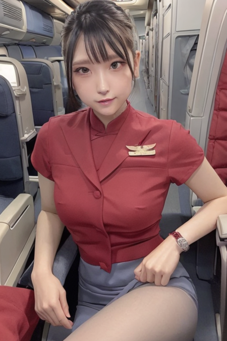 wearing caluniform,a woman in a red shirt and grey skirt,short black hair,wearing round glasses,pretty face,pretty shiny skin, big eyes,long eyelashes,extremely detailed eyes and face, beautiful detailed nose, beautiful detailed eyes,smile,masterpiece, best quality, real,realistic, photo,photorealistic, 8k wallpaper,real light,real shadow,detailed light,cinematic lighting,airplane interior,nude pantyhose,high heels