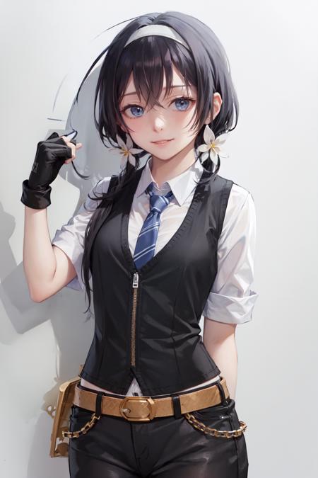 (masterpiece, best quality:1.2), <lora:bsd_kyouka-10:0.8>, solo, 1girl, izumi kyouka, smile, looking at viewer, long hair, low twintails, hair flower, hair ornament, white collared shirt, black necktie, sleeves rolled up, black shorts, black fingerless gloves, belt