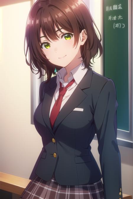 aoihinami, <lora:aoi hinami s1-lora-nochekaiser:1>,
aoi hinami, short hair, bangs, brown hair, (green eyes:1.5), smile,
BREAK skirt, shirt, long sleeves, school uniform, jacket, white shirt, pleated skirt, necktie, collared shirt, plaid, plaid skirt, blazer, red necktie,
BREAK indoors, classroom,
BREAK looking at viewer,
BREAK <lyco:GoodHands-beta2:1>, (masterpiece:1.2), best quality, high resolution, unity 8k wallpaper, (illustration:0.8), (beautiful detailed eyes:1.6), extremely detailed face, perfect lighting, extremely detailed CG, (perfect hands, perfect anatomy),